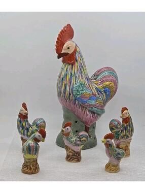 Early 20th Chinese Famille Rose Porcelain Rooster & 5 Chicks Figurines 9 7/8"